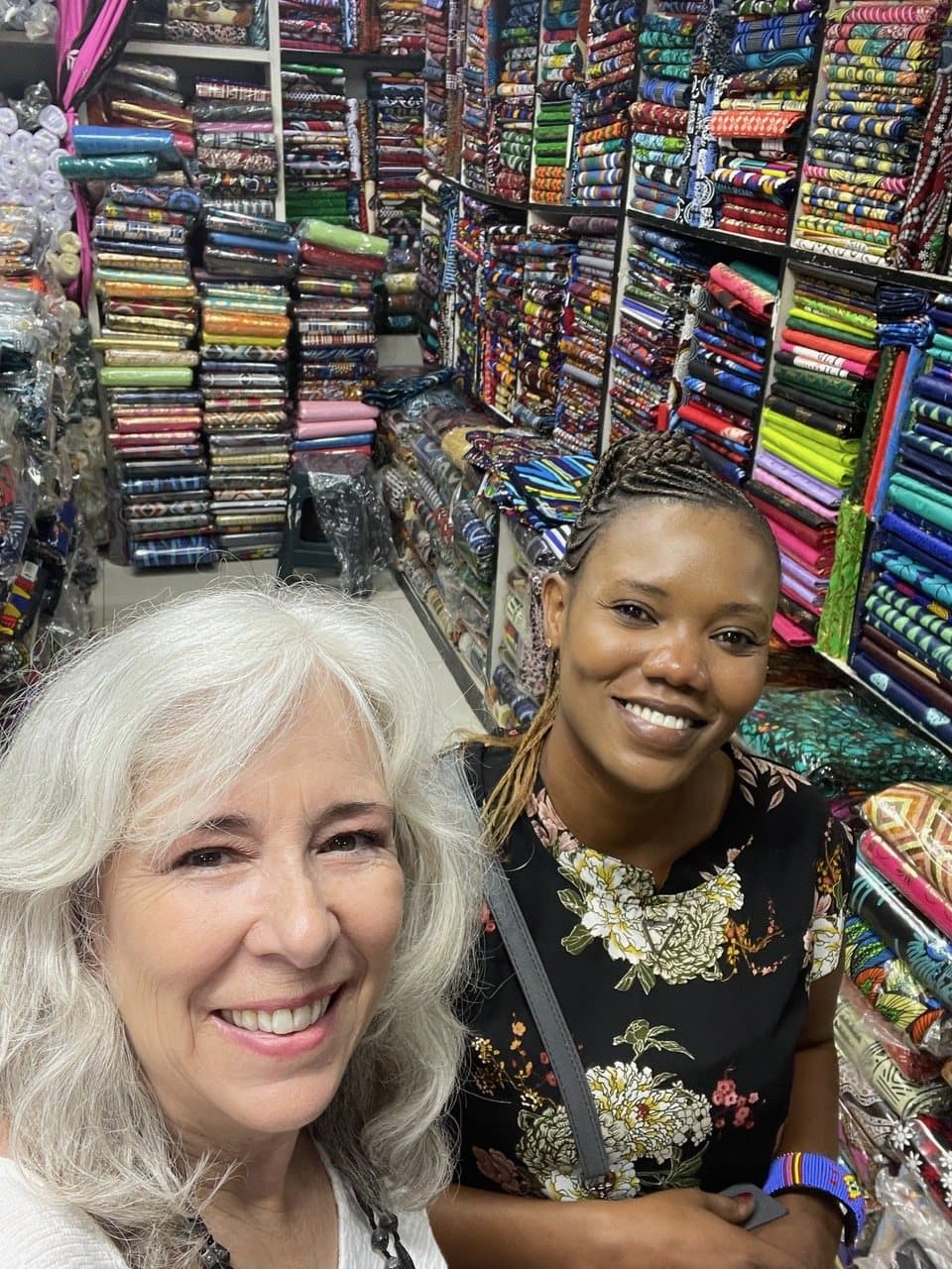 Eldonna and Leila in a fabric shop